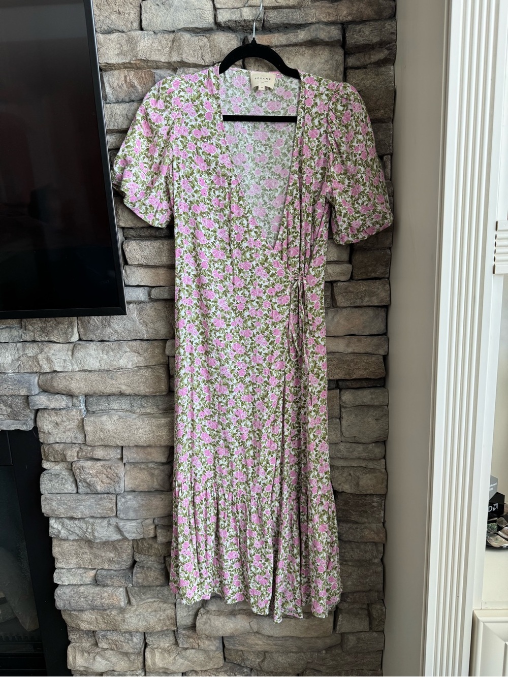 Sezane Pink and Green Floral Wrap Midi Dress
